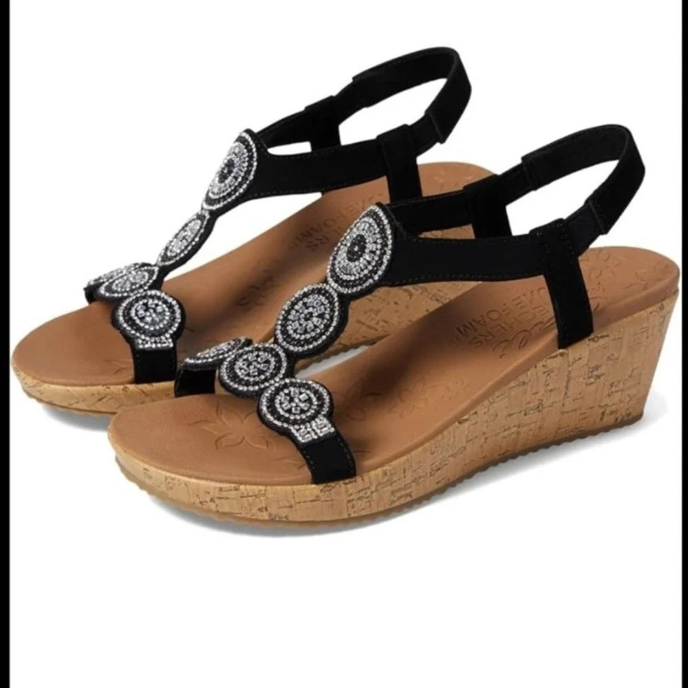 NWT Women's Skechers Beverlee Date Glam Wedge Black Sandal - Size 7